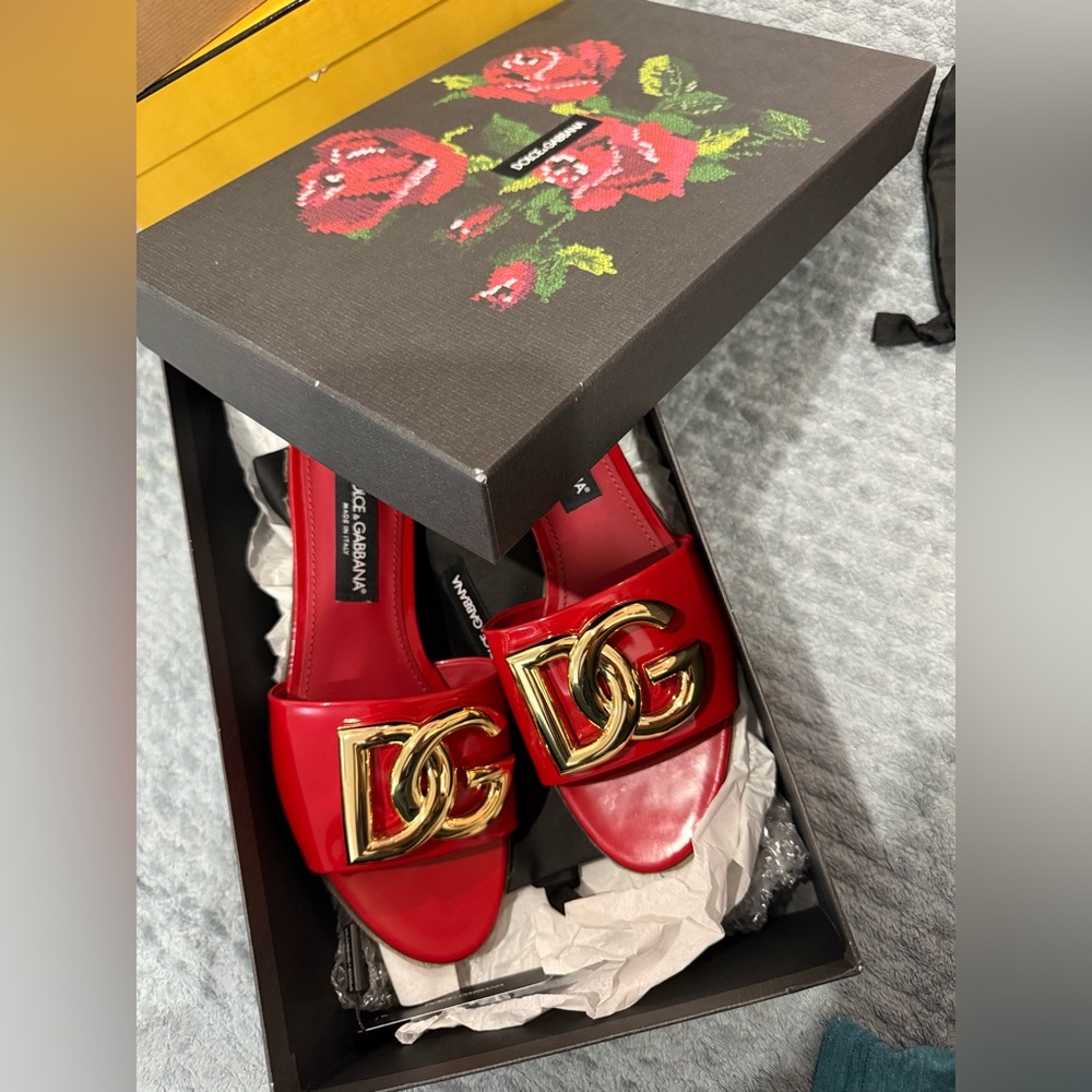 Dolce & Gabbana Red Leather Slide Mules with Gold DG Logo